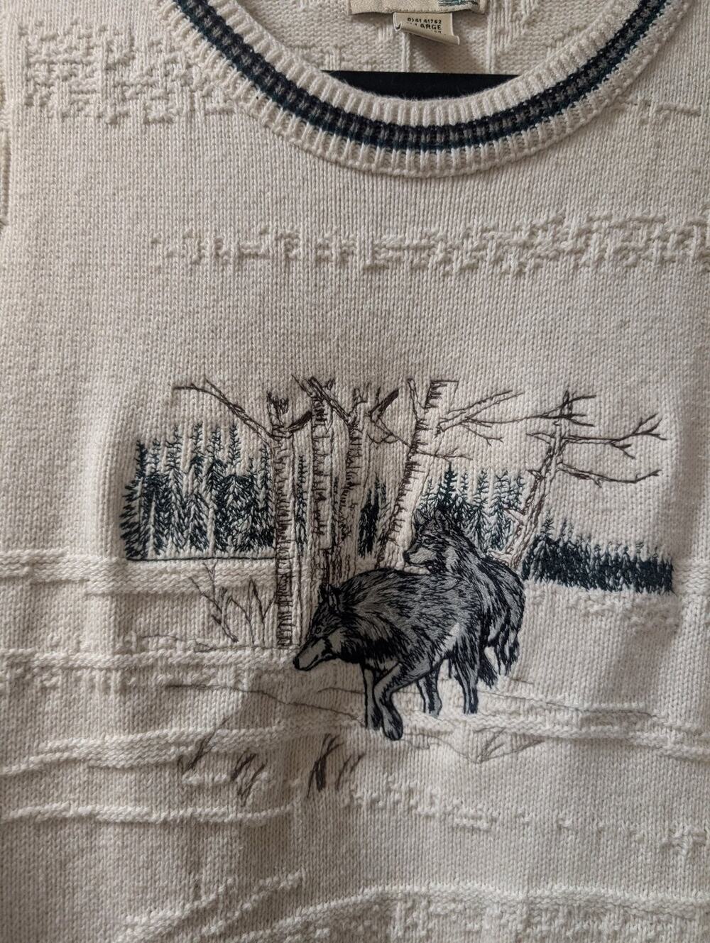 Fieldmaster VTG USA made Men's X-Large Cream Wolf Wilderness Cotton Knit Sweater